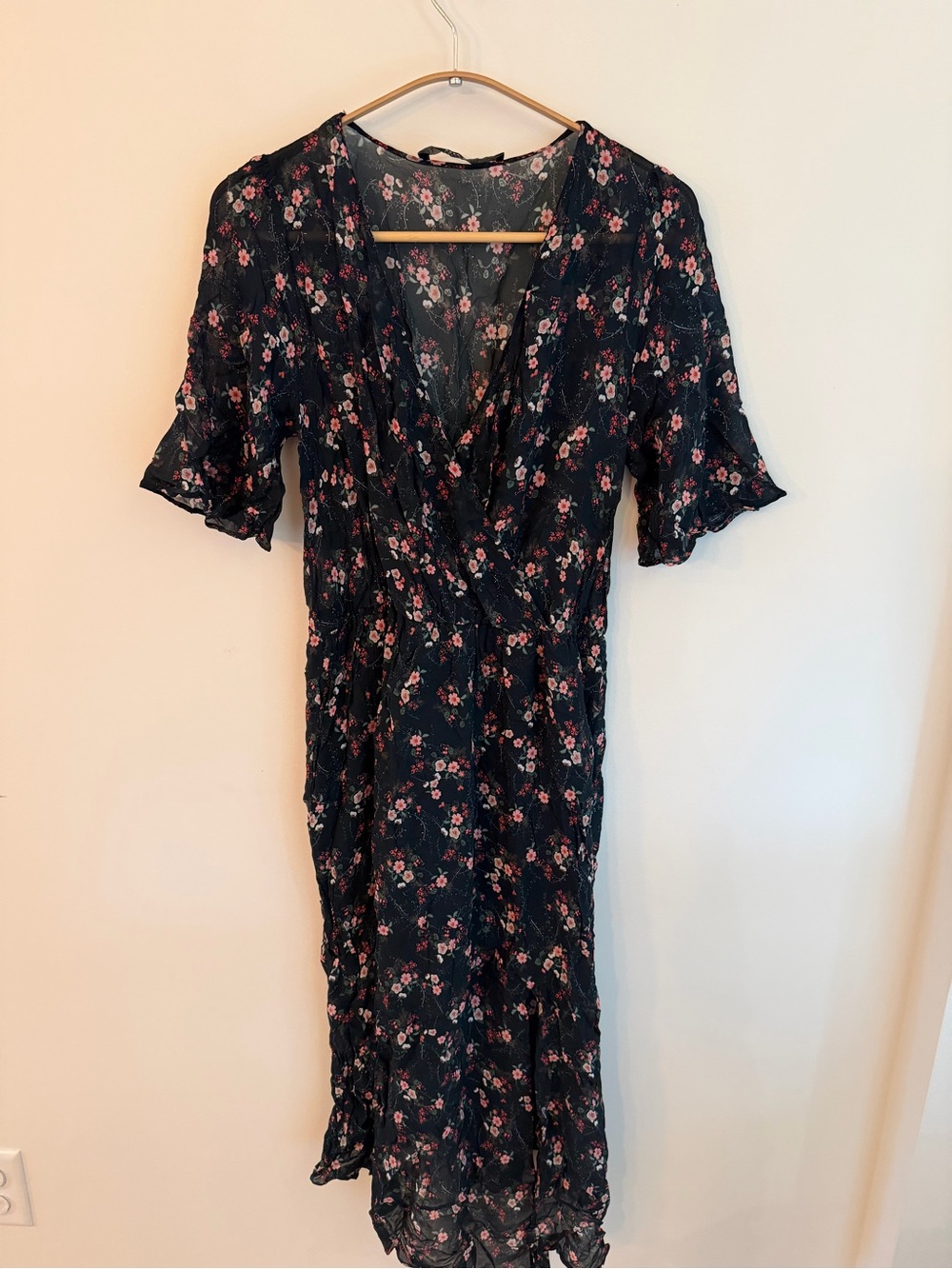 Zara Black Midi Wrap Dress with Pink Floral Print